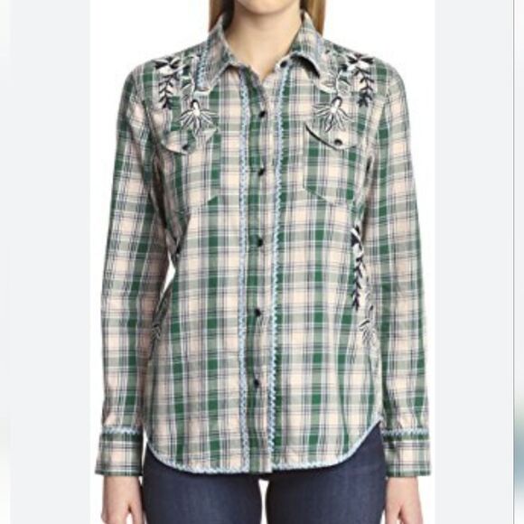 Driftwood "Lana" Pearl Snap Button Plaid Shirt Long Sleeve Embroidered Floral - Picture 1 of 16